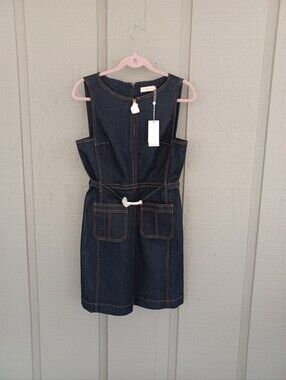 Tory Burch Zip Front Denim Mini Dress Size 8 Preppy Pockets Belt Sleeveless